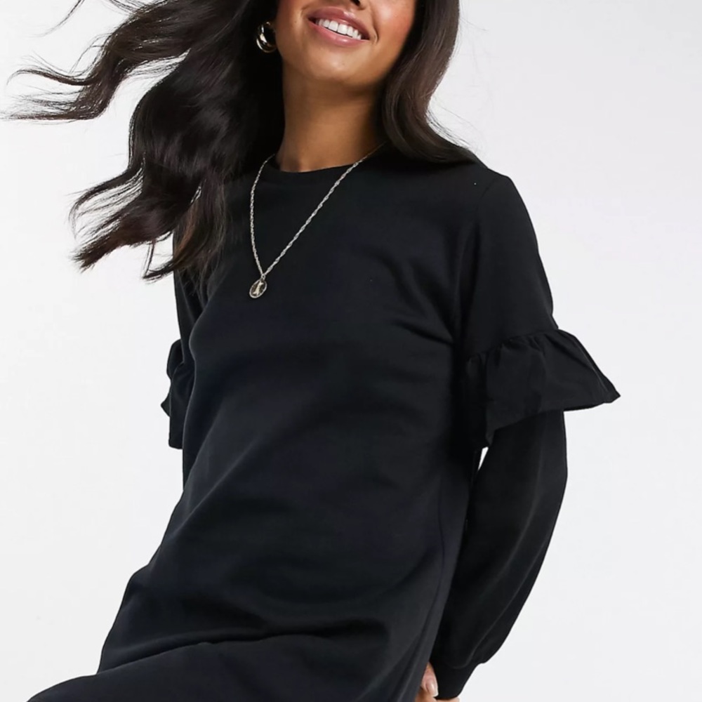 ASOS Black Mini Sweatshirt Dress with Frill Sleeves